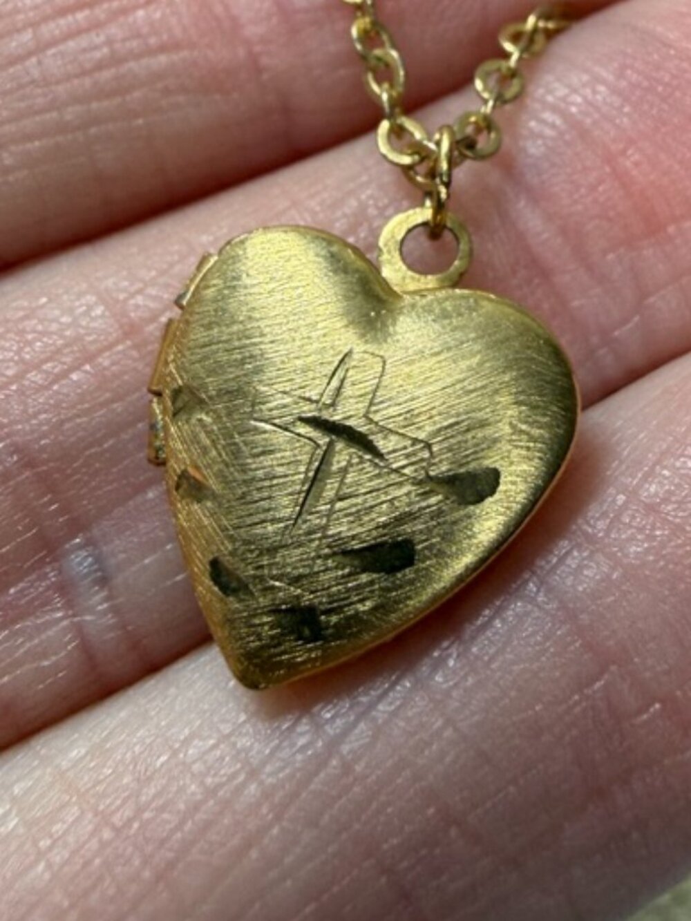 Vintage Dainty Heart Locket with Embossed Cross Gold Tone